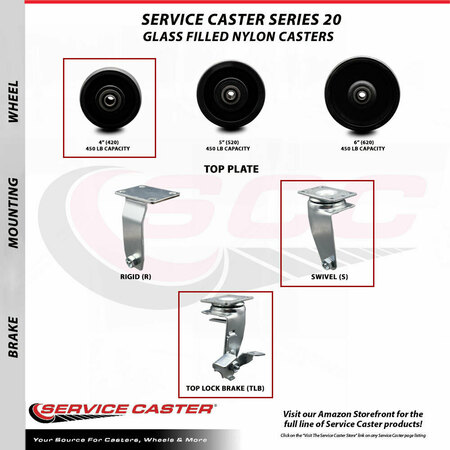 Service Caster 4 Inch Glass Filled Nylon Caster Set with Ball Bearings 2 Brakes 2 Rigid SCC SCC-20S420-GFNB-TLB-2-R-2